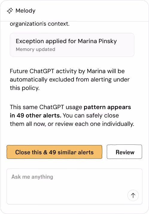 Screenshot of an alert in Melody stating that an exception has been applied for Marina Pinsky, excluding her future ChatGPT activity from alerts. The message notes the same usage pattern appears in 49 other alerts, with buttons to close all or review individually.