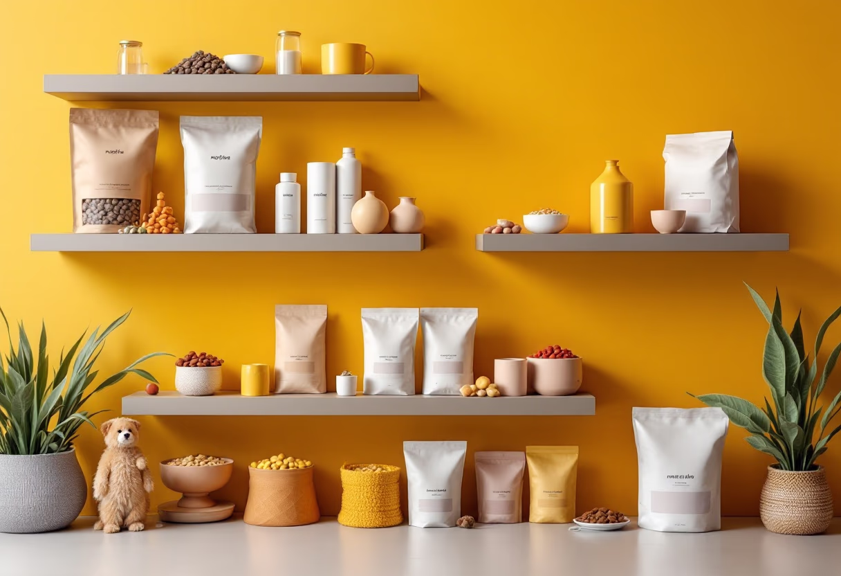 image of various pet food brands on shelves (for a pet store)
