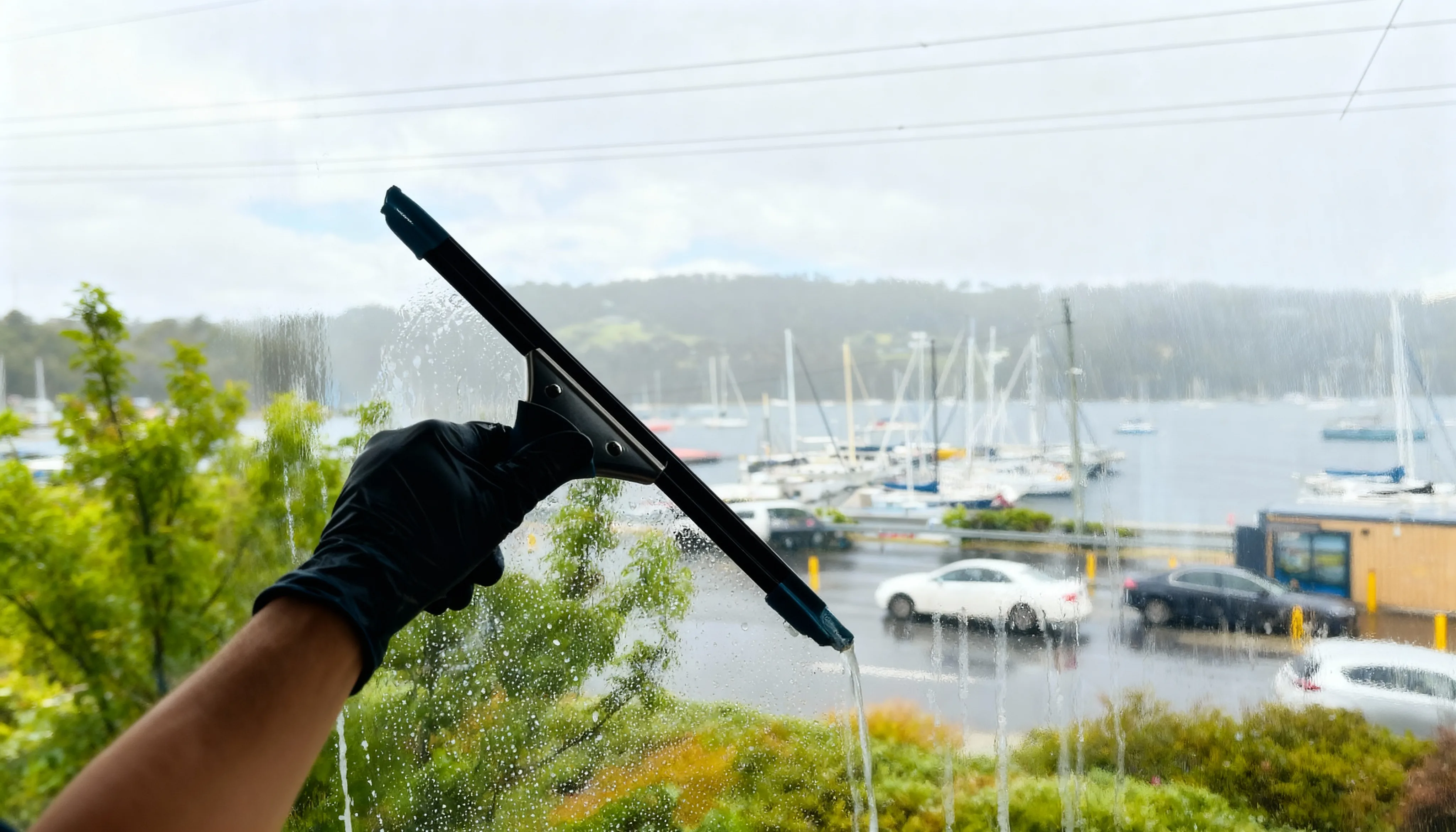 A person using a window cleaner to clean a large window, focused on removing dirt and streaks for a clear view.