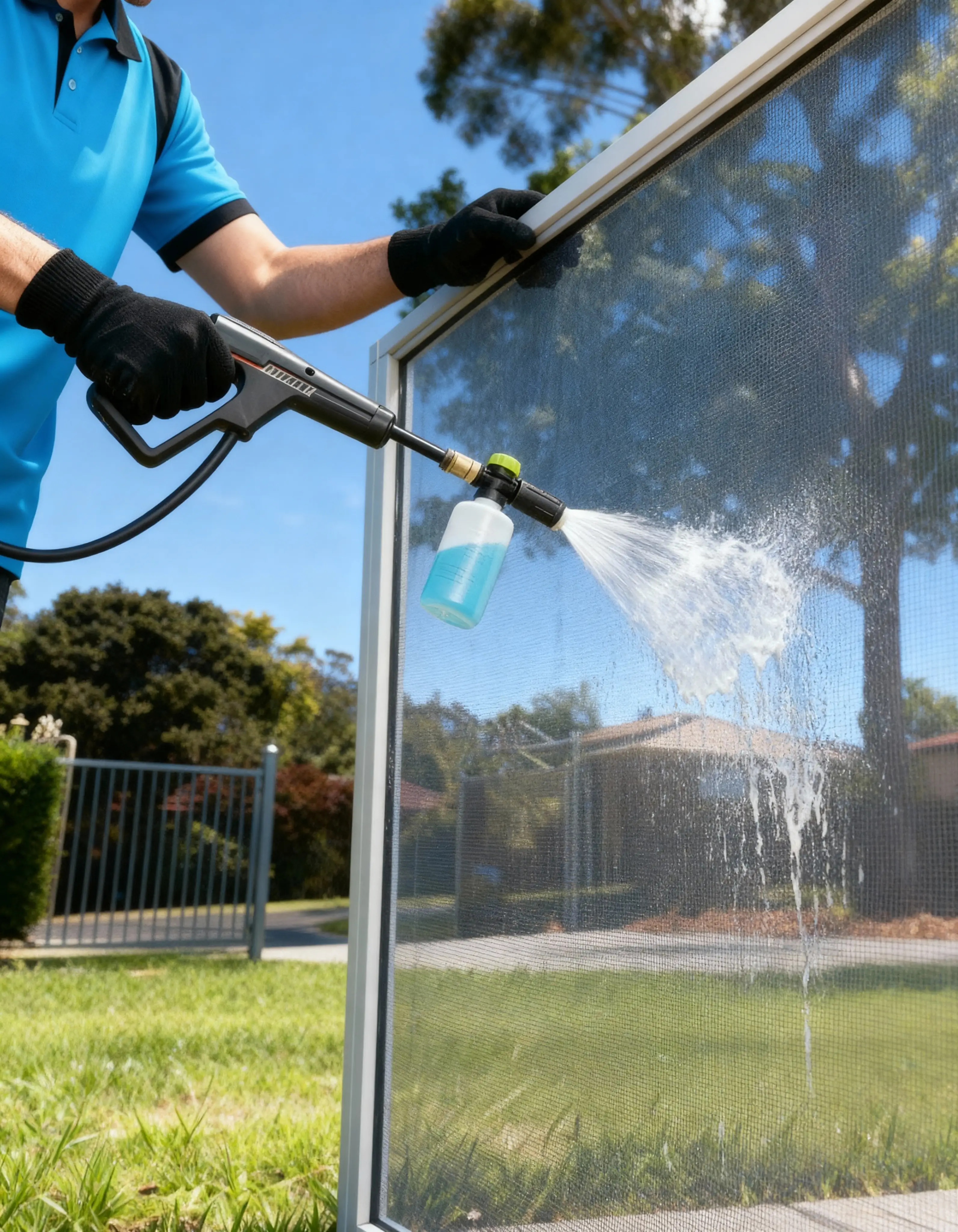 A man in a blue shirt sprays a glass window, cleaning it with a spray bottle and cloth in his other hand.