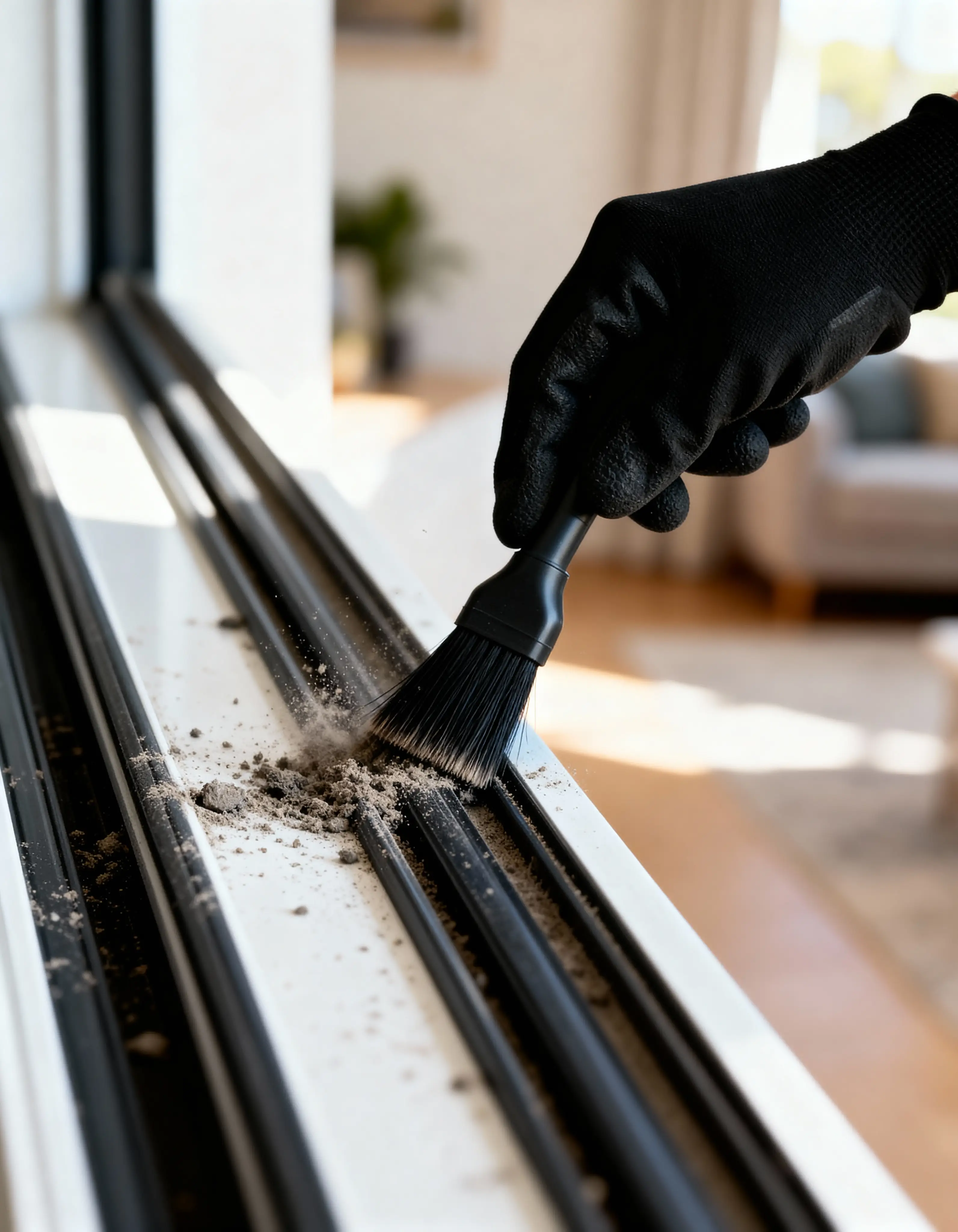 A person using a brush to clean a window, focusing on removing dirt and streaks for a clear view.