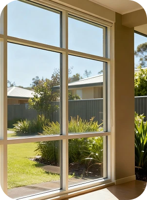 A large window showcasing a view of a well-maintained yard with green grass and trees.