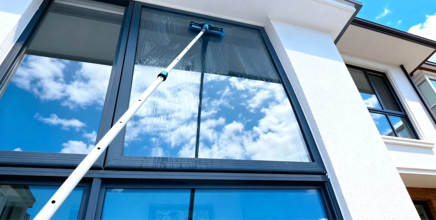 A person using a window cleaner to clean a large window, focused on removing dirt and streaks for a clear view.
