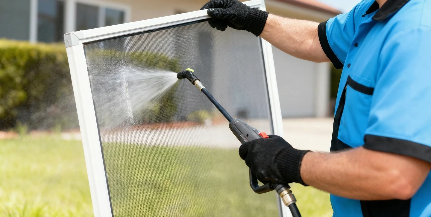 A person using a window cleaner to clean a large window, focused on removing dirt and streaks for a clear view.