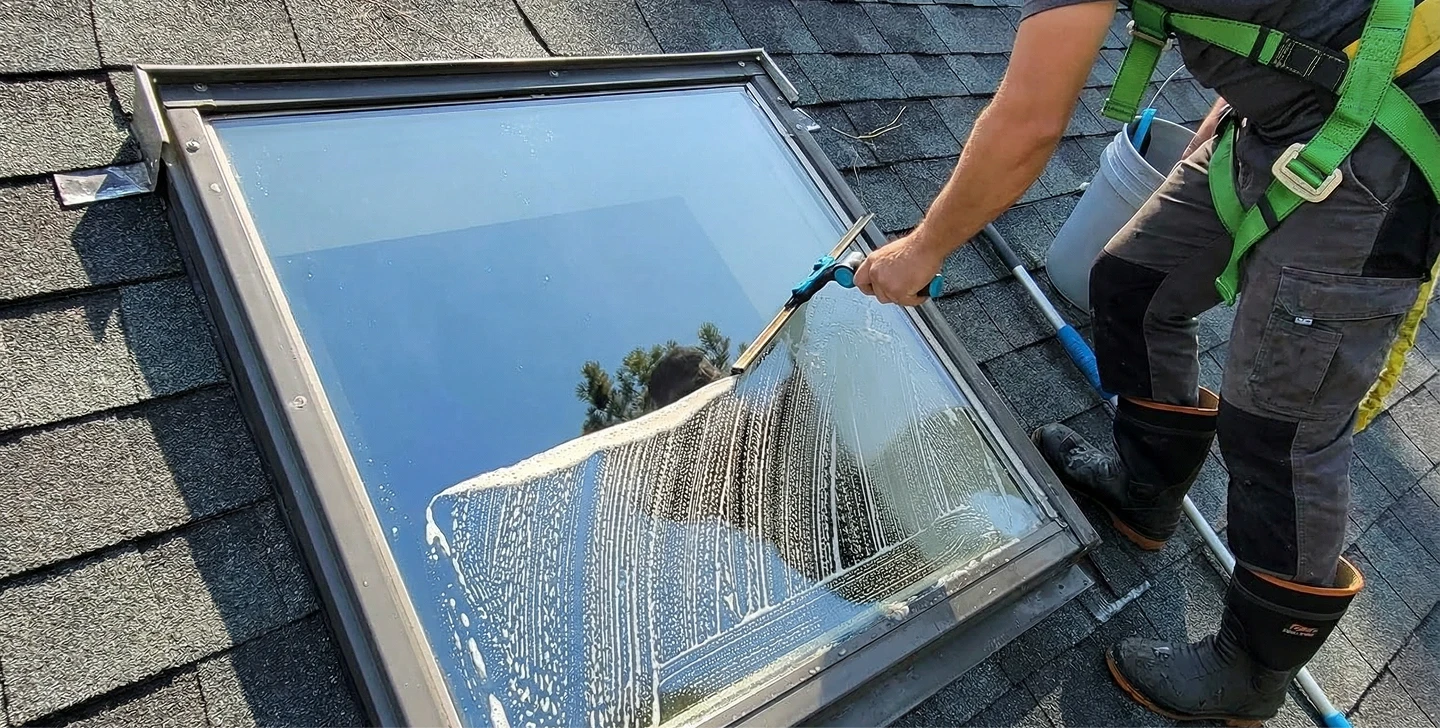 A person using a window cleaner to clean a large window, focused on removing dirt and streaks for a clear view.