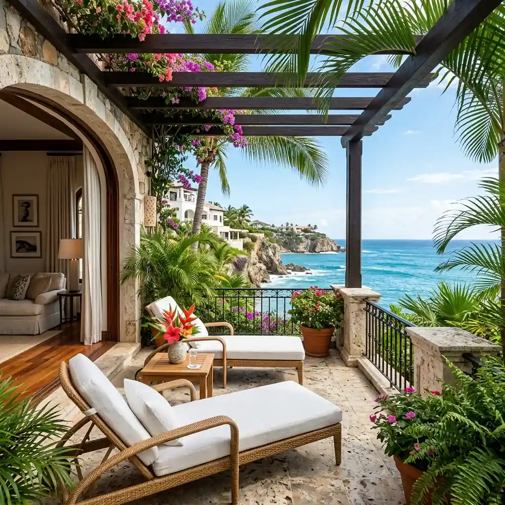 Terrasse avec chaises longues en rotin et vue sur l'océan bleu, entourée de plantes tropicales et d'une pergola en bois.