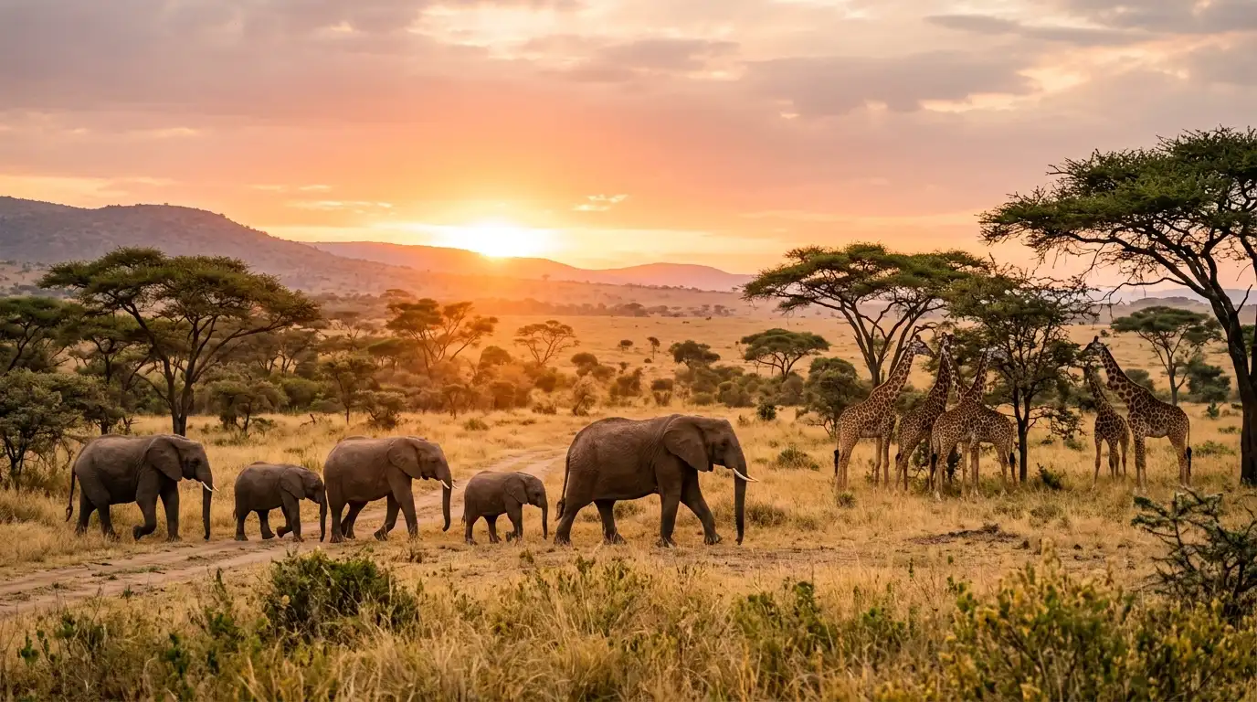 Groupe d'éléphants marchant dans la savane africaine au coucher du soleil avec des girafes près d'arbres d'acacia.