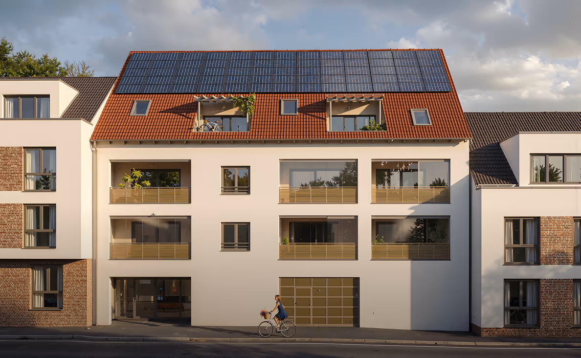 Modernes Mehrfamilienhaus mit Solarpaneelen auf dem Dach und einer Frau, die vor dem Gebäude Fahrrad fährt.