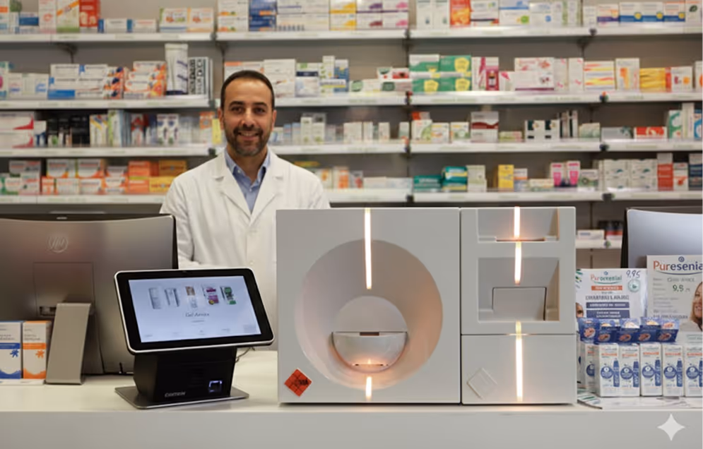 Pharmacist standing behind a counter with a dispensing machine and computer screens in a pharmacy.