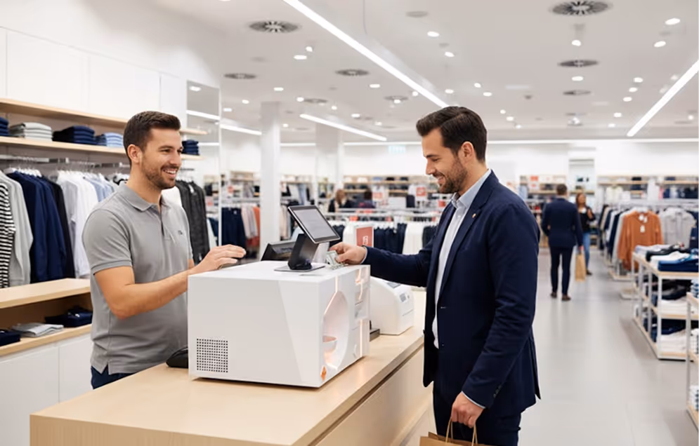 Smiling cashier in a grey polo shirt assisting a man in a navy suit paying at a modern checkout counter inside a clothing store.
