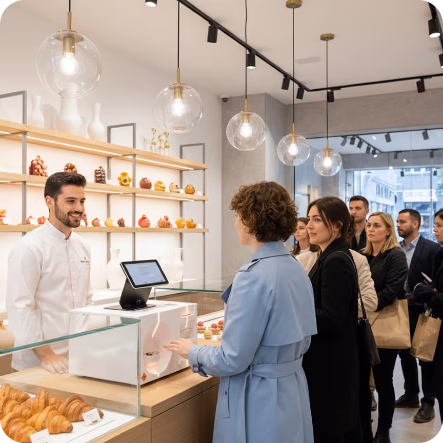 Customers in line at a modern bakery counter with a smiling male baker behind a glass display of croissants and pastries.