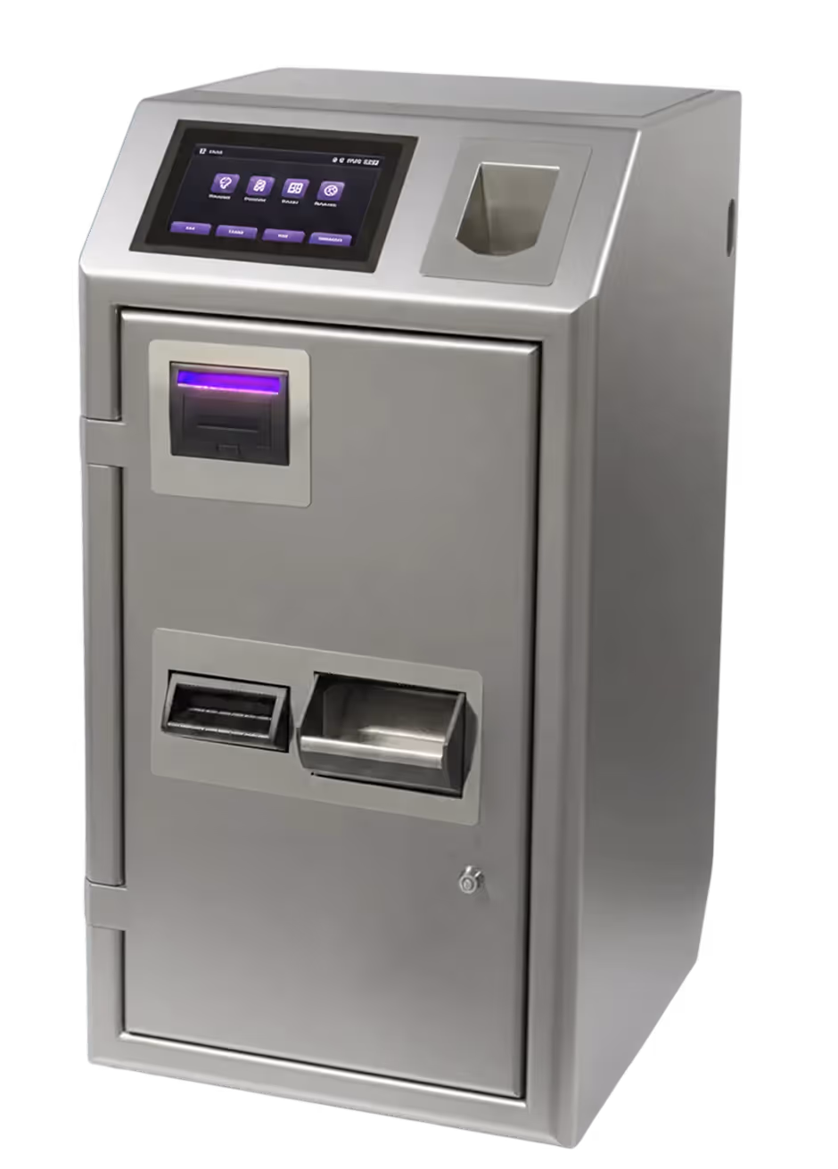 Modern stainless steel kiosk machine with touchscreen display and multiple input/output slots.