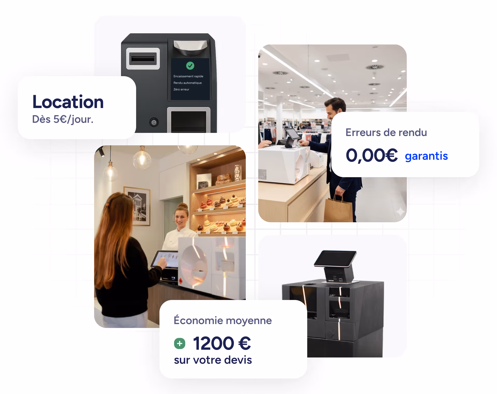 Collage with images of people using self-service payment machines and text in French promoting rental starting at 5€/day, guaranteed zero cash errors, and average savings of 1200€ on estimates.