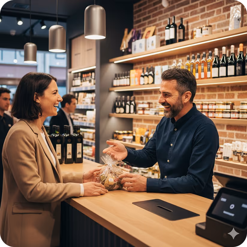 Customers in line at a modern bakery counter with a smiling male baker behind a glass display of croissants and pastries.
