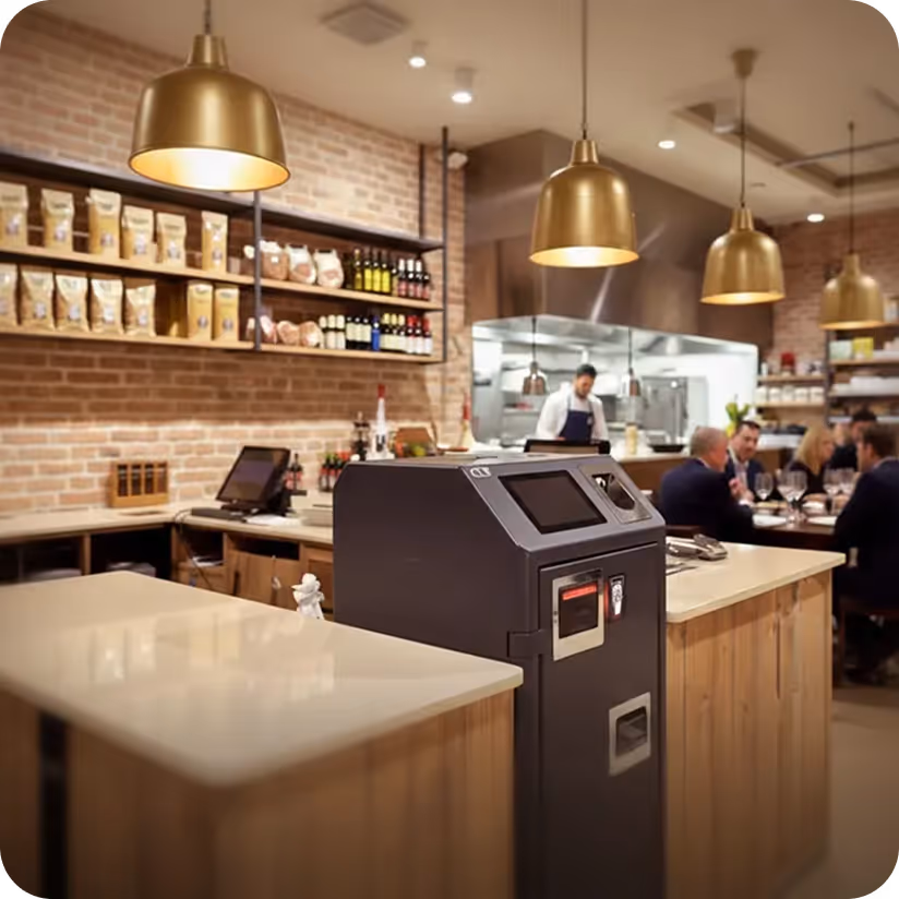 Customers in line at a modern bakery counter with a smiling male baker behind a glass display of croissants and pastries.