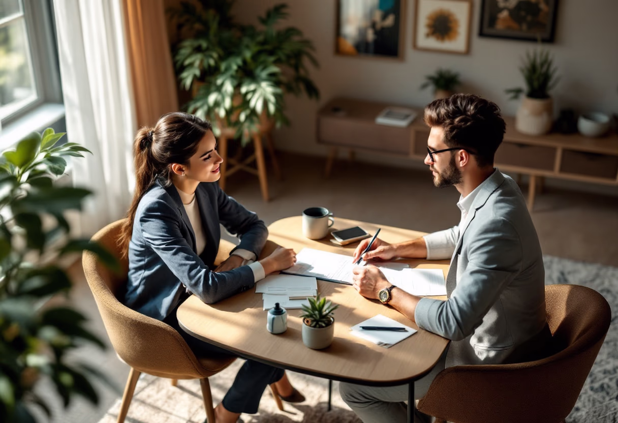 image of an agent reviewing policy details with a client