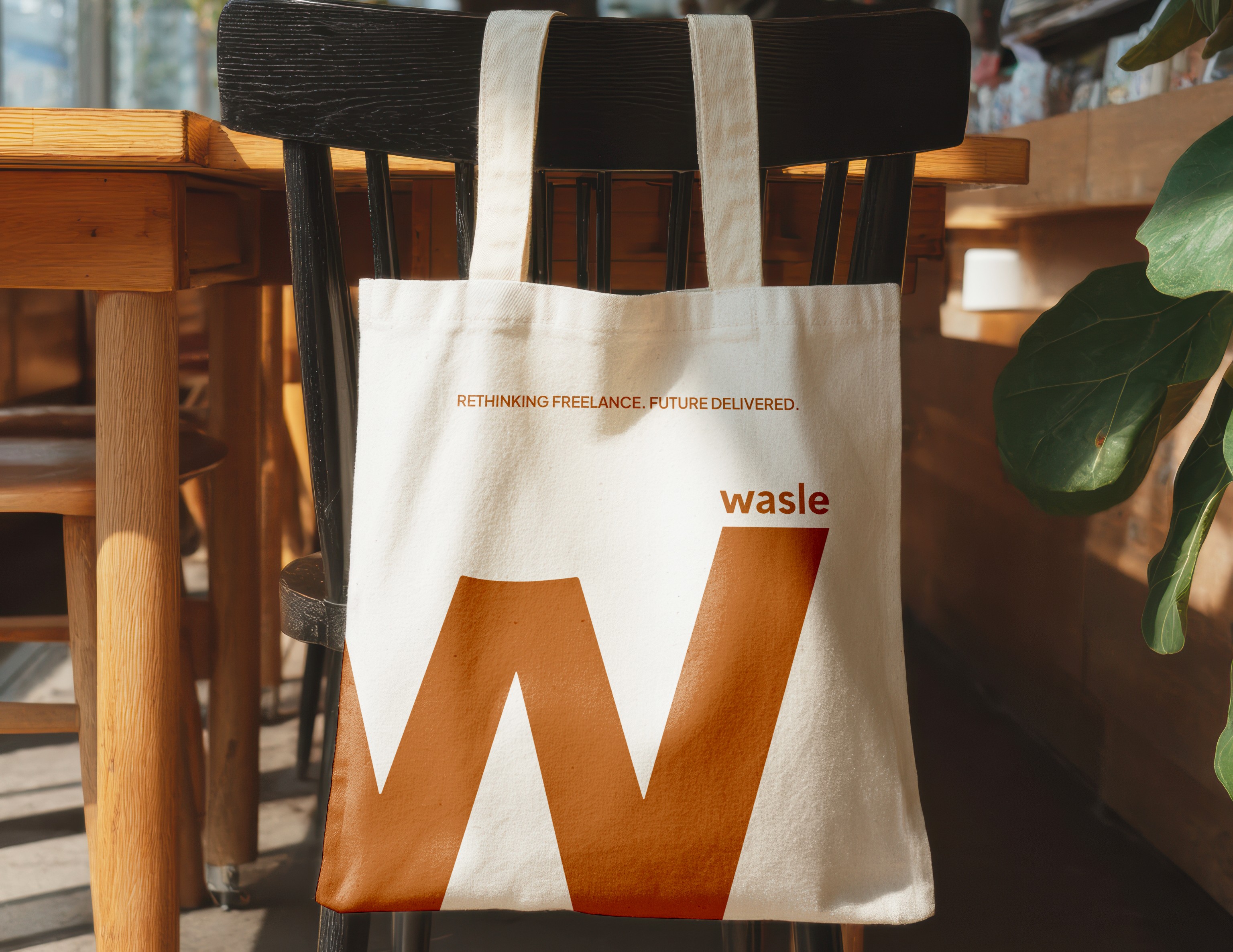 White tote bag hanging on a black chair with large brown letter W and text 'RETHINKING FREELANCE. FUTURE DELIVERED.' and 'wasle.'