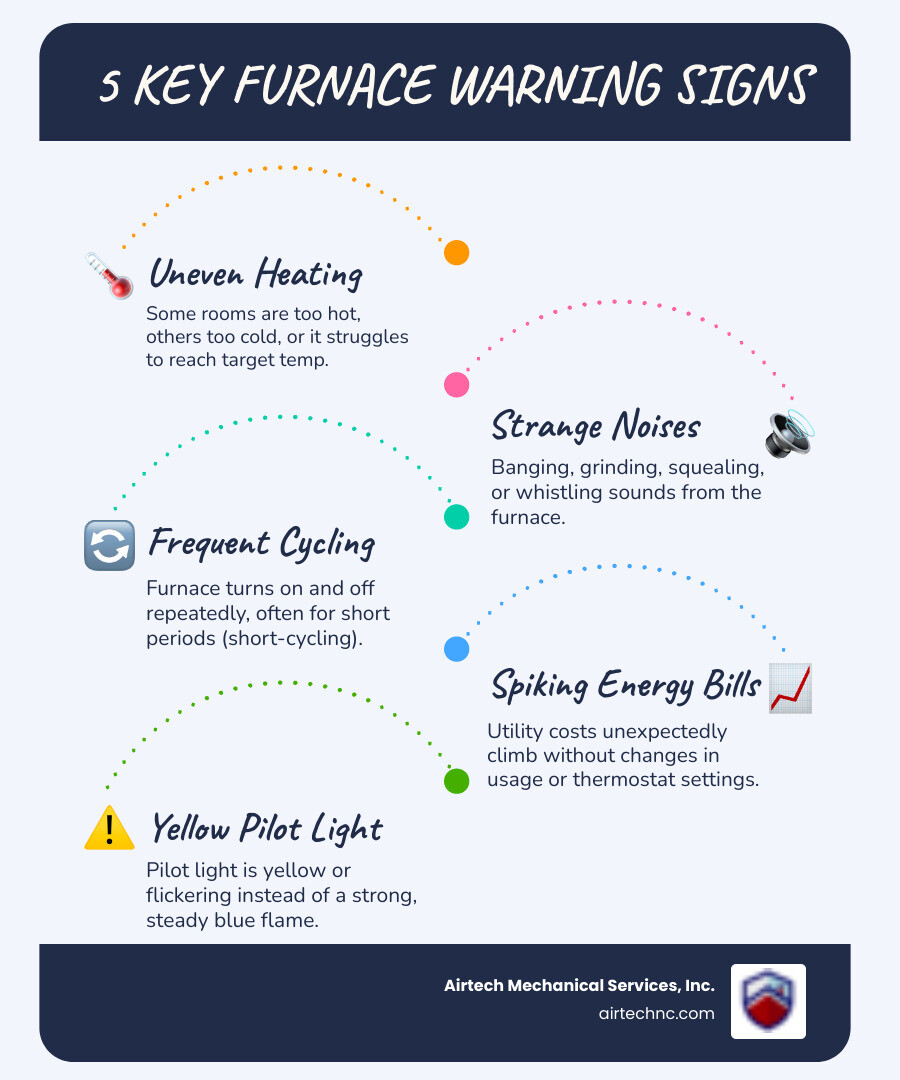 Infographic showing 5 key furnace warning signs: inconsistent room temperatures, unusual noises like banging or grinding, furnace cycling on and off frequently, unexpected spike in energy bills, and yellow or flickering pilot light instead of steady blue flame - furnace repair in emerald isle, nc infographic infographic-line-5-steps-blues-accent_colors Infographic showing 5 key furnace warning signs: inconsistent room temperatures, unusual noises like banging or grinding, furnace cycling on and off frequently, unexpected spike in energy bills, and yellow or flickering pilot light instead of steady blue flame - furnace repair in emerald isle, nc infographic infographic-line-5-steps-blues-accent_colors