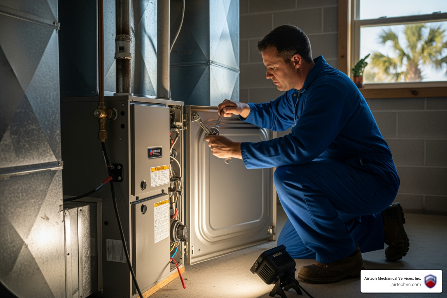 Infographic showing the eight warning signs your furnace needs repair in Newport, NC: unusual noises like banging or squealing, rooms with uneven temperatures, unexplained spikes in energy bills, furnace cycling on and off frequently, yellow or flickering pilot light, water pooling near the unit, strange burning or gas odors, and weak airflow from vents, with icons for each symptom and a call-to-action to contact a professional immediately if you notice these signs - furnace repair in newport, nc