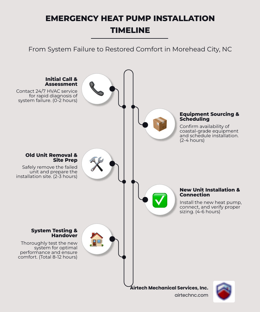 Infographic showing emergency heat pump installation timeline: Initial call and assessment (0-2 hours), equipment sourcing and scheduling (2-4 hours), old unit removal and site prep (2-3 hours), new unit installation and testing (4-6 hours), total time from call to completion typically 8-12 hours for emergency installations in Morehead City, NC - emergency heat pump installation in morehead city, nc infographic infographic-line-5-steps-elegant_beige