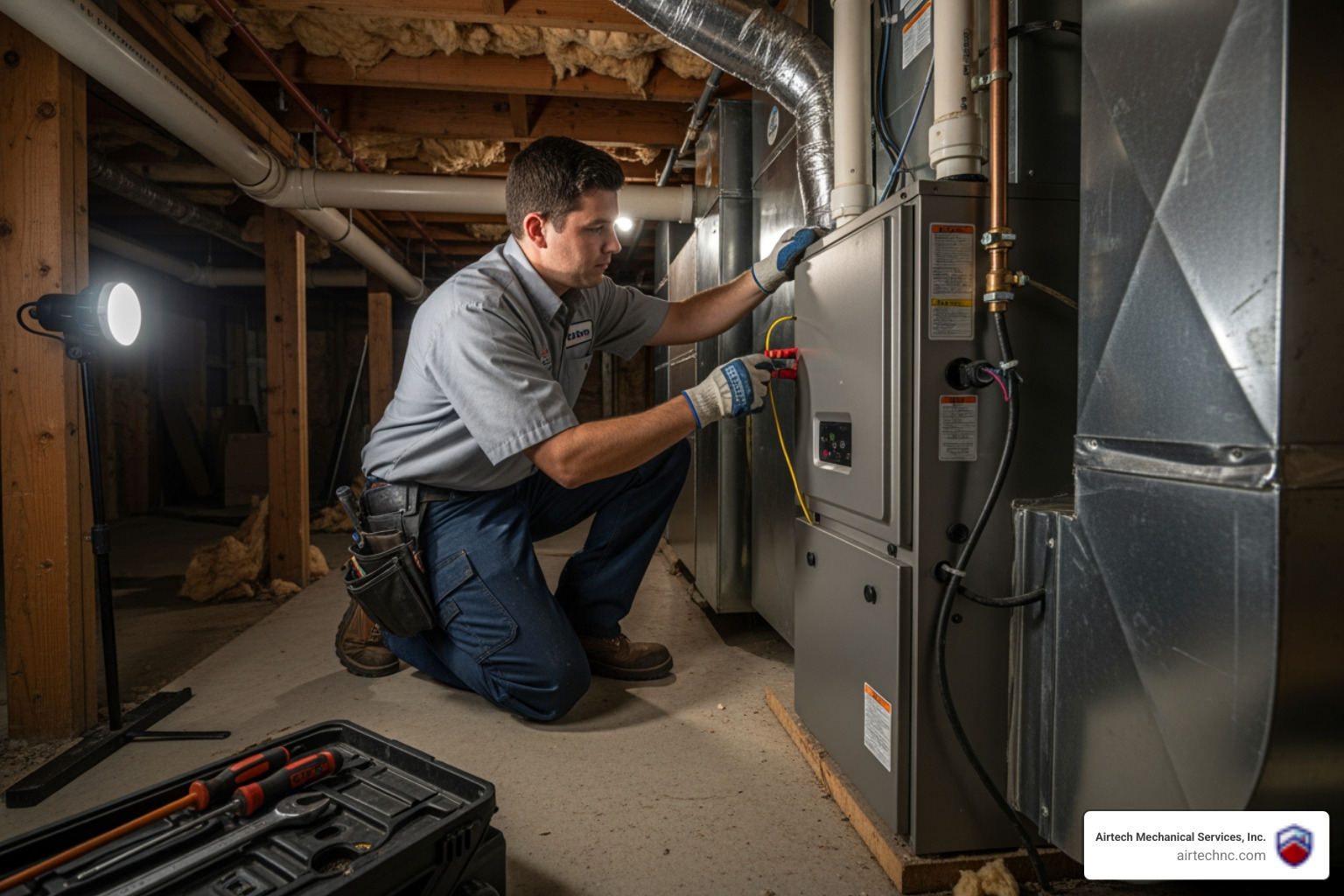 Infographic showing the complete furnace installation decision process: warning signs that indicate replacement is needed (age over 15-20 years, rising energy bills, frequent repairs, uneven heating, strange noises), factors to consider when choosing a new furnace (AFUE rating, proper sizing, fuel type, energy efficiency), the professional installation process steps (consultation, assessment, removal, installation, testing, walkthrough), and essential post-installation maintenance requirements (annual tune-ups, filter changes, warranty registration, maintenance agreements) - furnace installation company in new bern, nc Infographic showing the complete furnace installation decision process: warning signs that indicate replacement is needed (age over 15-20 years, rising energy bills, frequent repairs, uneven heating, strange noises), factors to consider when choosing a new furnace (AFUE rating, proper sizing, fuel type, energy efficiency), the professional installation process steps (consultation, assessment, removal, installation, testing, walkthrough), and essential post-installation maintenance requirements (annual tune-ups, filter changes, warranty registration, maintenance agreements) - furnace installation company in new bern, nc