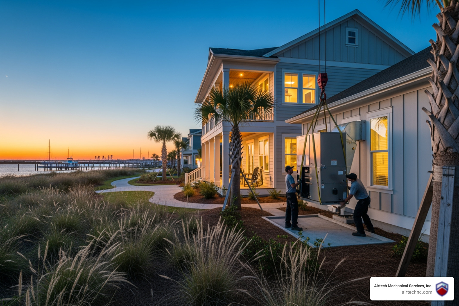 Infographic showing the key factors in choosing a furnace installation company: coastal climate expertise with salt-resistant components, proper system sizing through load calculations, certified technicians with local experience, high-efficiency AFUE ratings, and comprehensive warranties on equipment and labor - best furnace installation in morehead city, nc