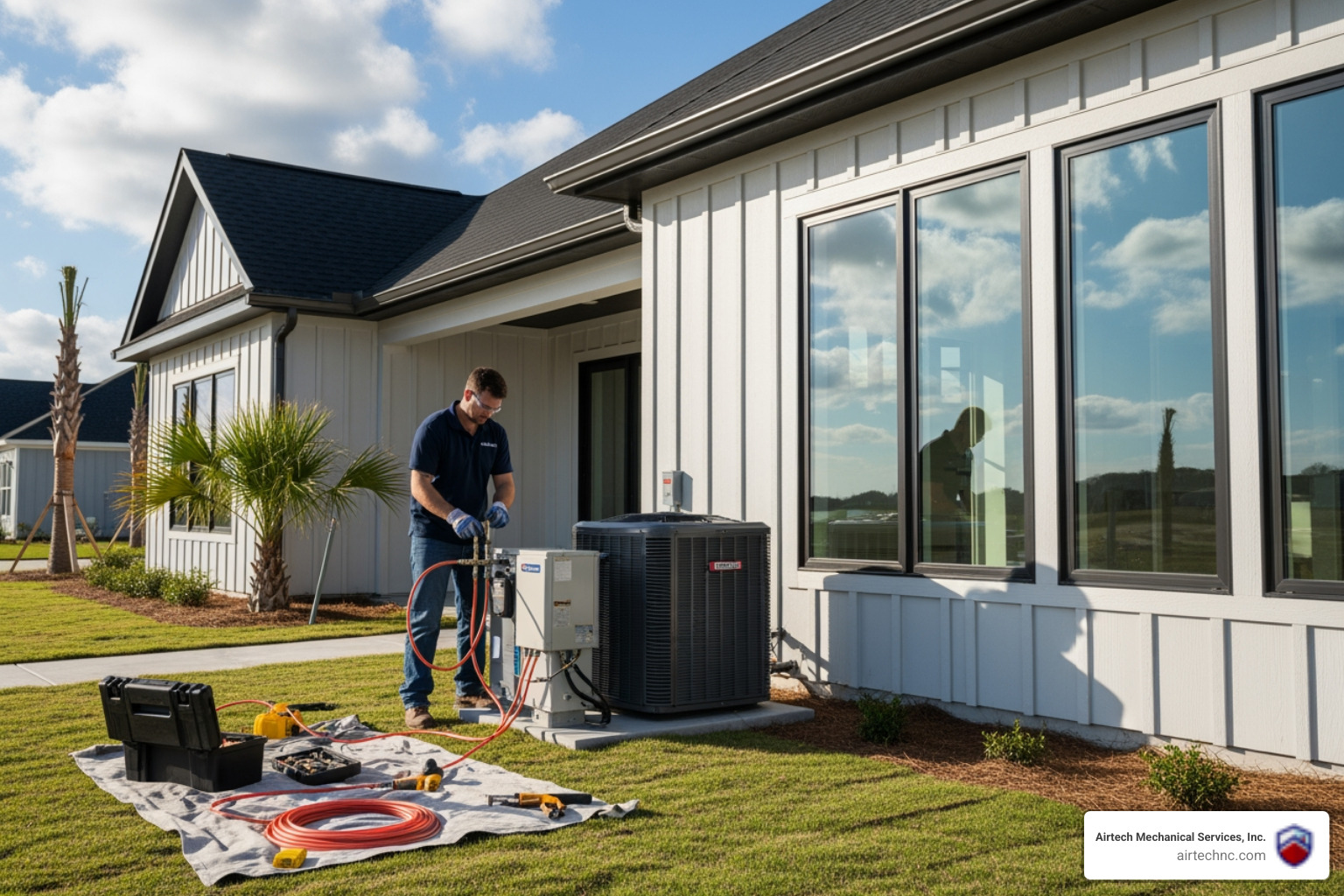 Infographic showing how a heat pump works in both heating and cooling modes: In cooling mode, the system absorbs heat from inside your home and transfers it outdoors through refrigerant lines. In heating mode, the process reverses—the heat pump extracts warmth from outdoor air (even in cold weather) and moves it inside. A reversing valve controls the direction of refrigerant flow, allowing the same equipment to provide year-round comfort. The diagram includes labeled components: outdoor unit, indoor air handler, refrigerant lines, and reversing valve, with arrows showing heat transfer direction for both modes. - heat pump installation in newport, nc
