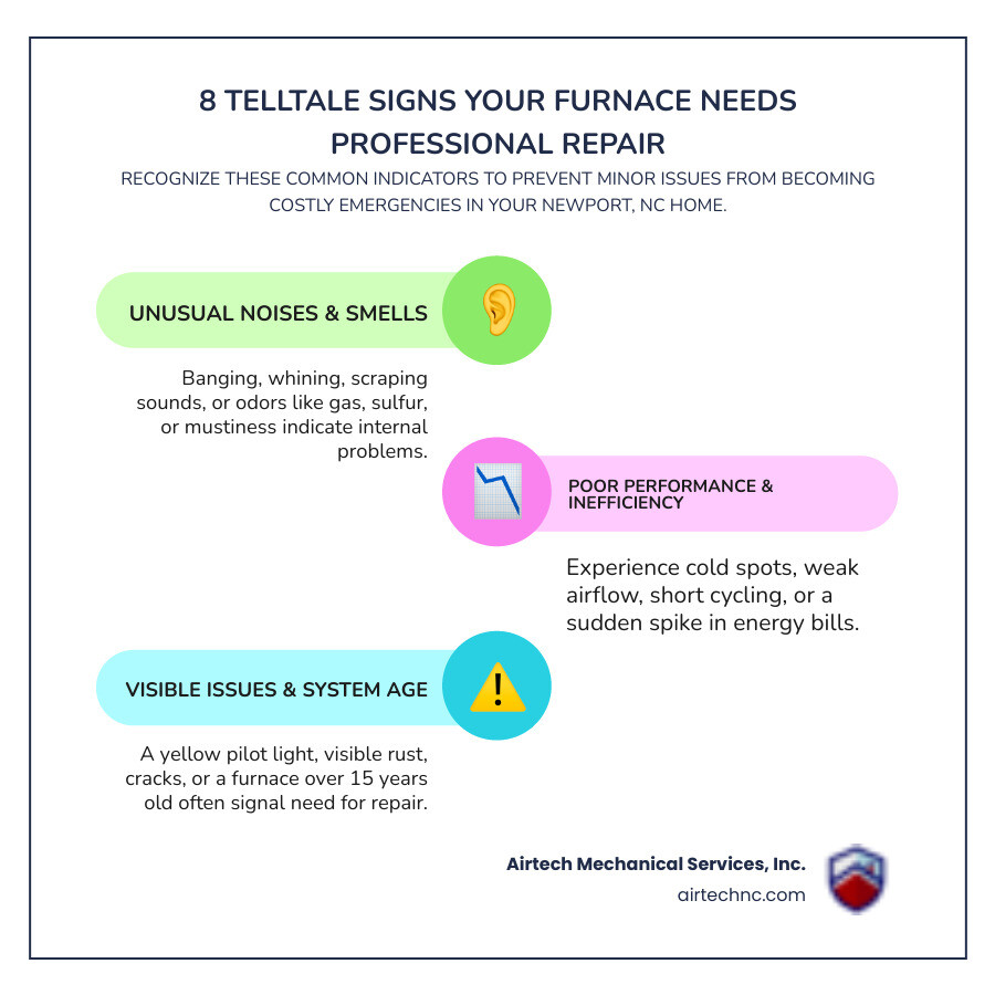 Infographic showing 8 common signs your furnace needs professional repair: unusual noises like banging or whining, strange smells including gas or sulfur odors, cold spots or uneven heating throughout the home, furnace cycling on and off frequently, weak airflow from vents, spiking energy bills without increased usage, yellow pilot light instead of blue, and visible rust or cracks on the unit - best furnace repair in newport, nc infographic infographic-line-3-steps-colors Infographic showing 8 common signs your furnace needs professional repair: unusual noises like banging or whining, strange smells including gas or sulfur odors, cold spots or uneven heating throughout the home, furnace cycling on and off frequently, weak airflow from vents, spiking energy bills without increased usage, yellow pilot light instead of blue, and visible rust or cracks on the unit - best furnace repair in newport, nc infographic infographic-line-3-steps-colors