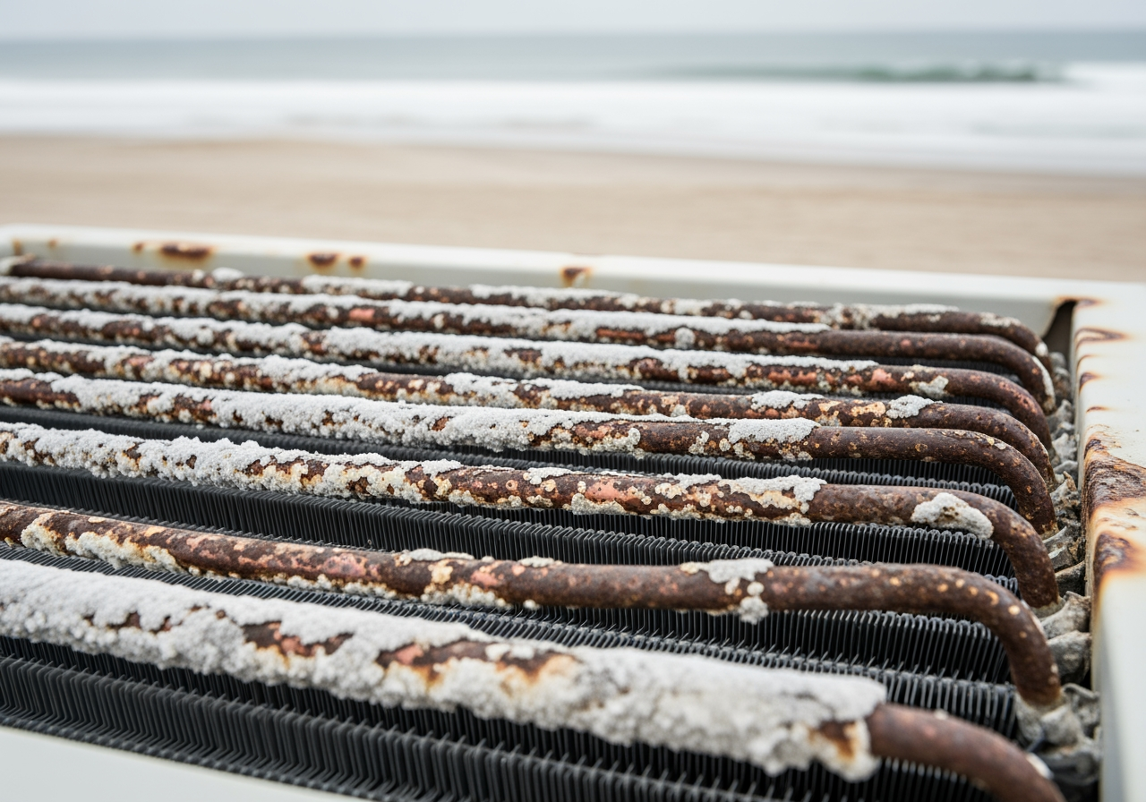 salt-corroded HVAC coils - emergency heat pump installation in emerald isle, nc