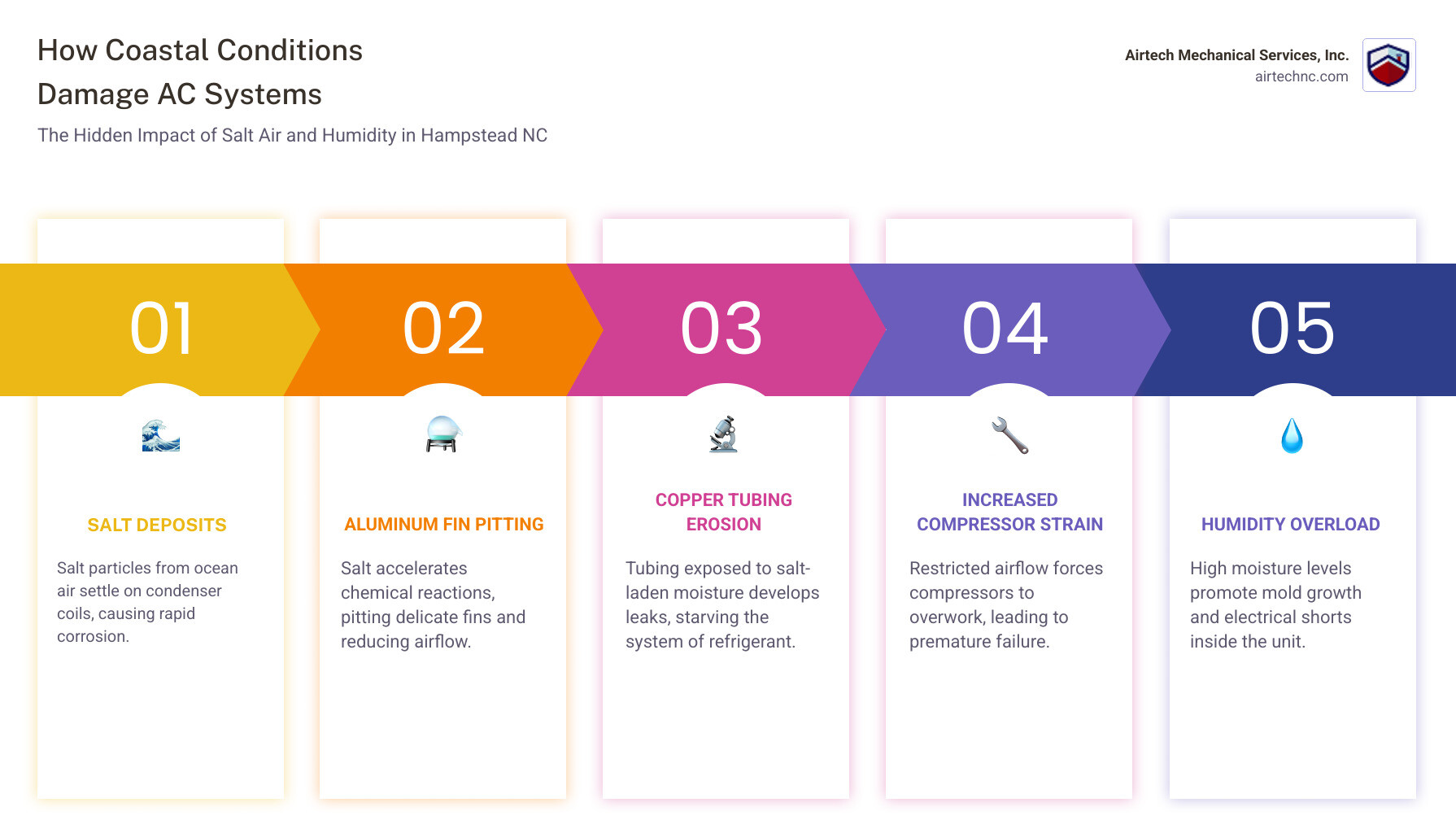 Infographic showing how salt air and coastal humidity impact AC systems in Hampstead NC - ac repair in hampstead, nc