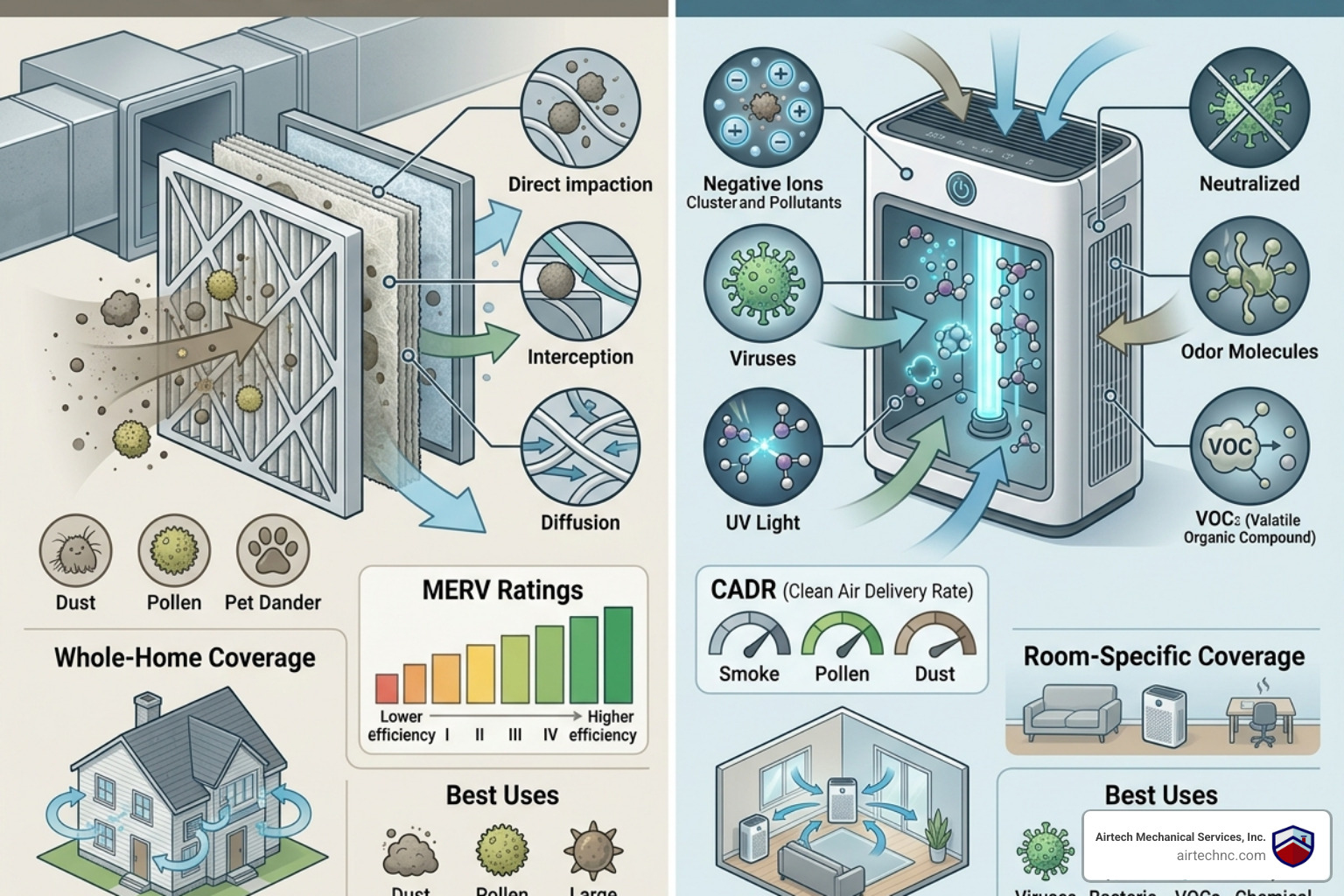 Infographic comparing air filtration vs air purification: mechanisms, coverage, ratings, and best uses - air filtration vs