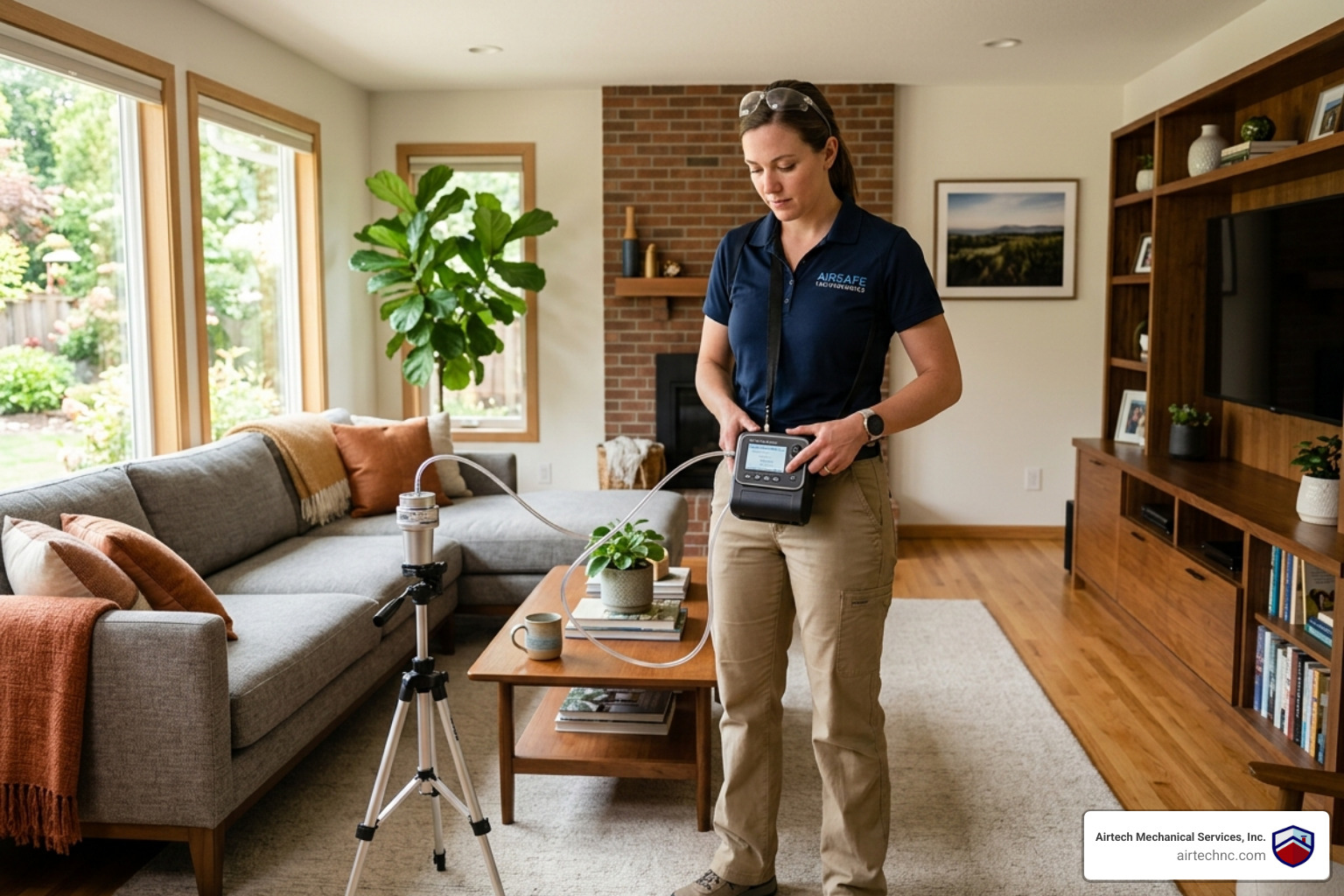 technician performing an indoor air sample test using professional equipment in a residential home - air quality testing