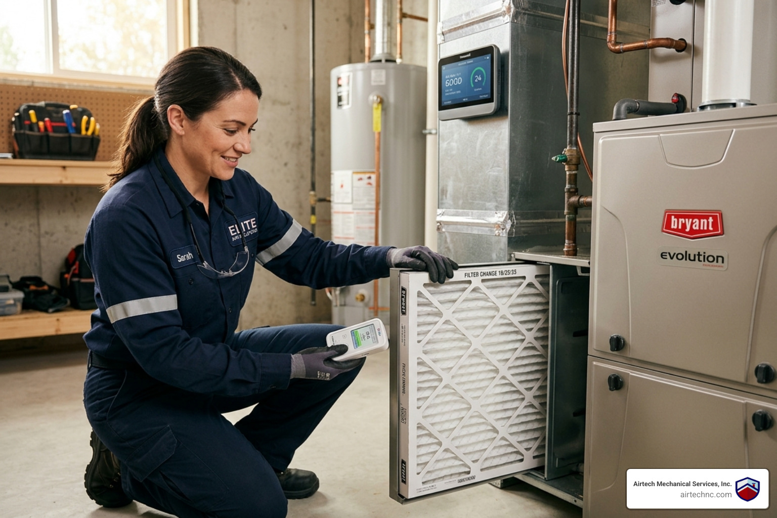 HVAC technician in a professional uniform inspecting a high-efficiency air filter and checking air quality sensors - air