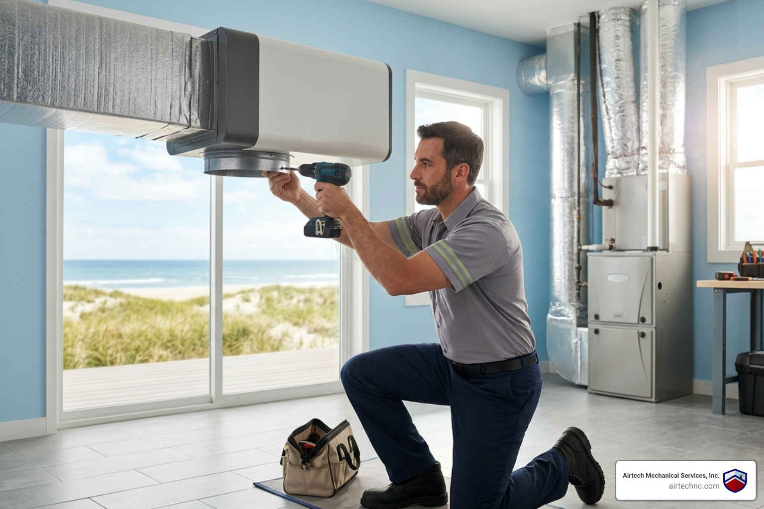 technician installing a whole-home air purifier into the ductwork of a modern coastal home - air purification benefits for