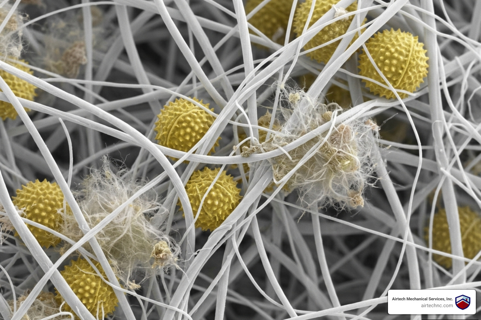 Microscopic view of pollen and pet dander particles trapped in a HEPA filter mesh - how air purification reduces allergens