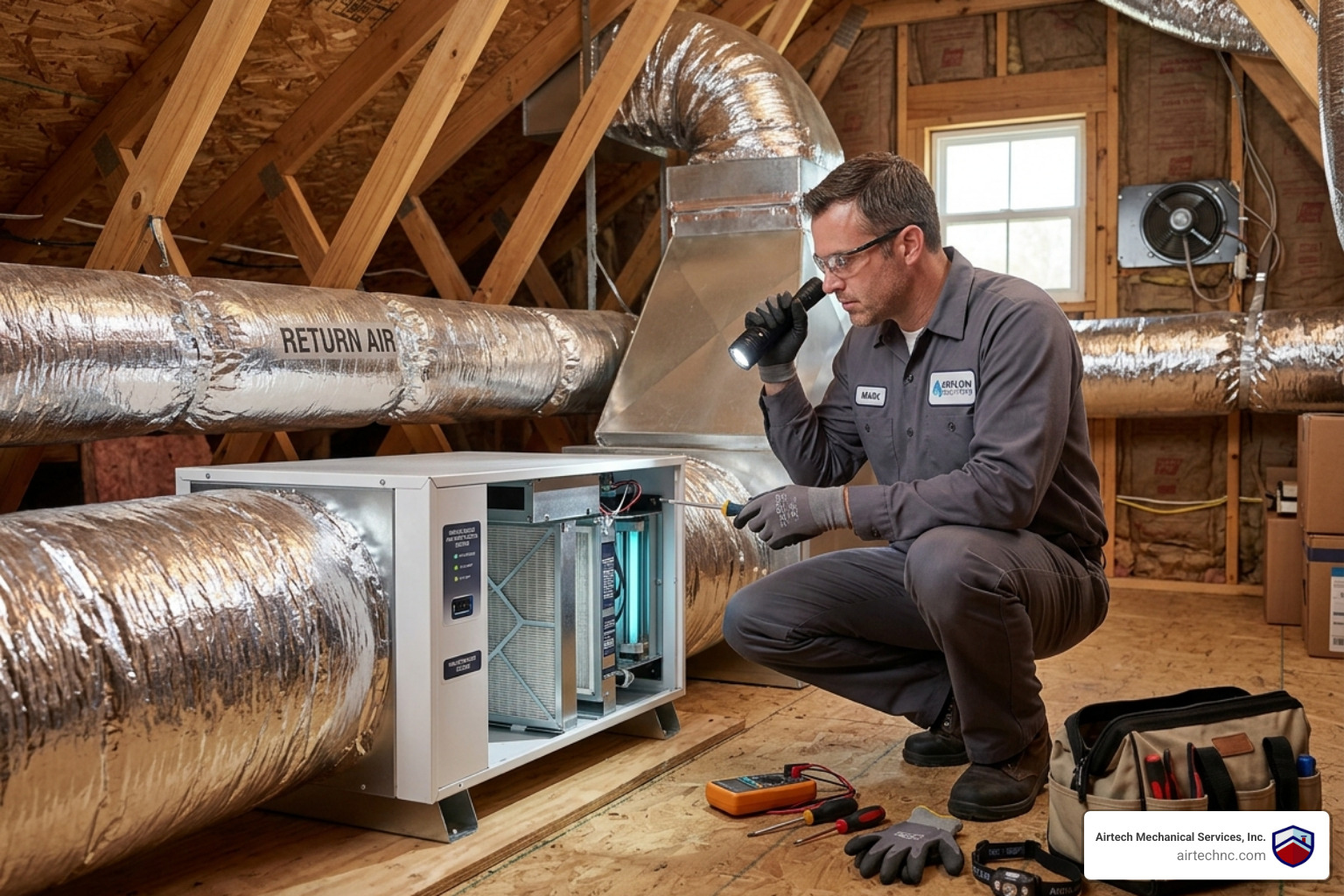 technician inspecting a modern whole-house air purification system integrated with HVAC ductwork - is an air purification