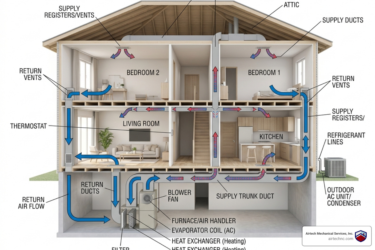 Diagram showing how HVAC air circulation patterns move through a residential home - how your hvac affects indoor air quality