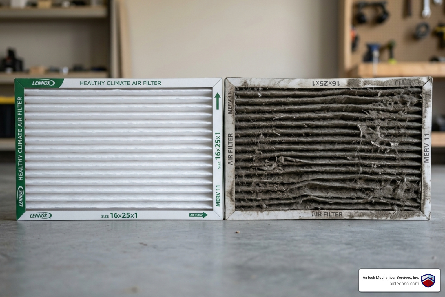 A side-by-side comparison of a clean, white HVAC filter and a gray, dust-clogged filter - how clean air improves your health