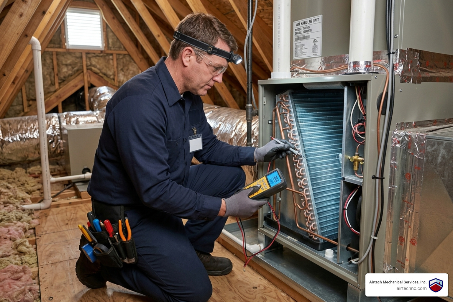 A technician inspecting a clean evaporator coil in a residential air handler - how the airtech advantage club protects your A technician inspecting a clean evaporator coil in a residential air handler - how the airtech advantage club protects your