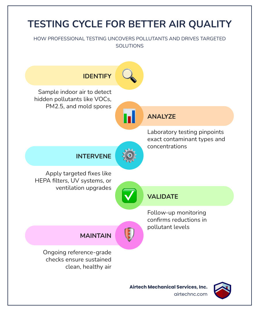 Infographic: The cycle of air quality testing, pollutant analysis, targeted remediation, and validation monitoring - how Infographic: The cycle of air quality testing, pollutant analysis, targeted remediation, and validation monitoring - how
