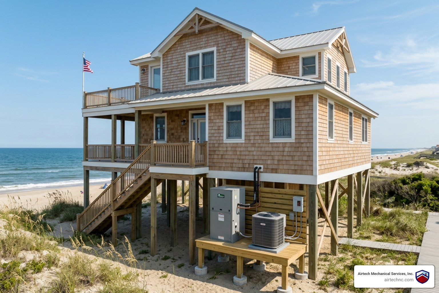 Elevated HVAC equipment on a coastal home to prevent flood damage - how coastal flooding affects your geothermal system Elevated HVAC equipment on a coastal home to prevent flood damage - how coastal flooding affects your geothermal system