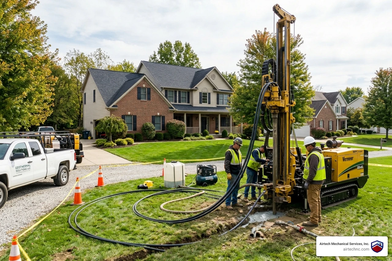 Residential yard with vertical loop drilling equipment during a geothermal installation - is a geothermal system worth the Residential yard with vertical loop drilling equipment during a geothermal installation - is a geothermal system worth the
