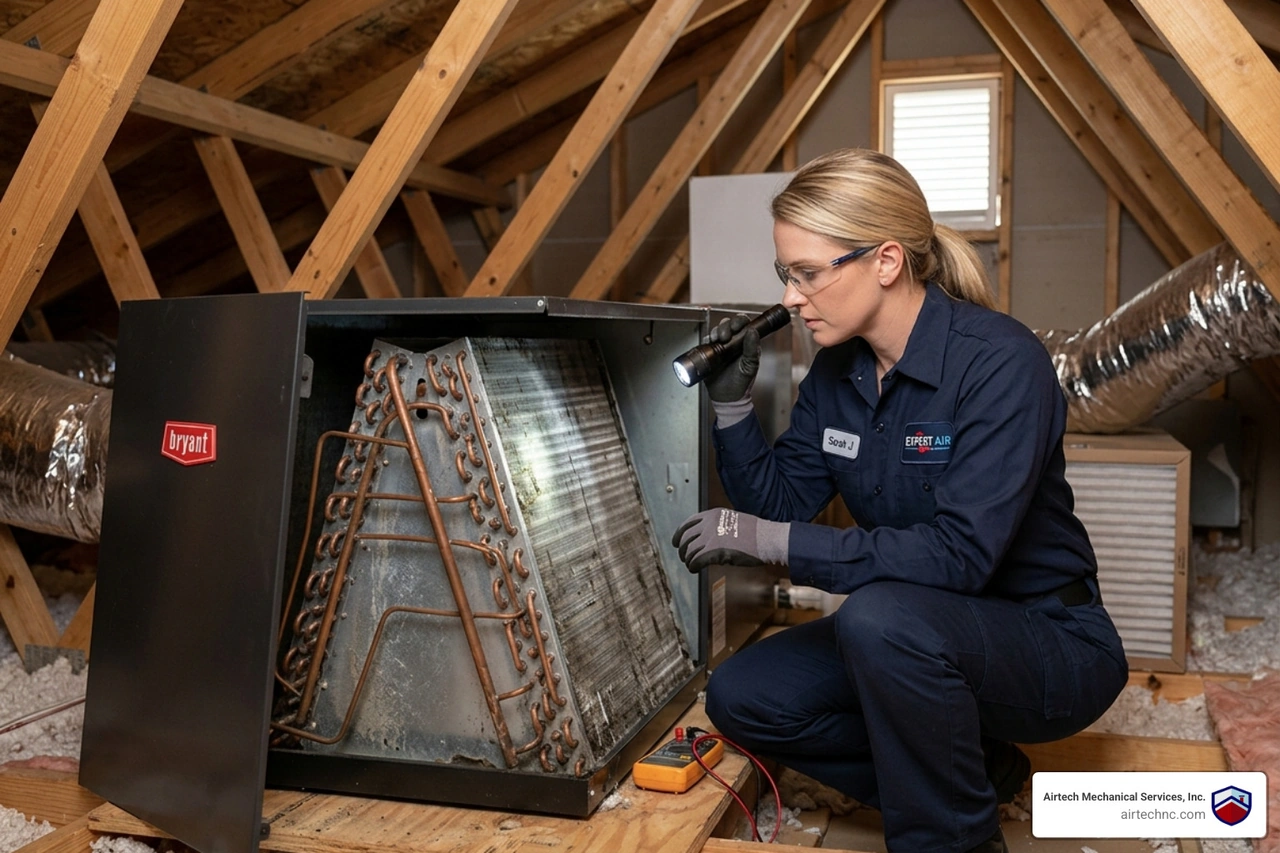 Technician inspecting evaporator coils for moisture and debris - how proper hvac maintenance prevents mold growth Technician inspecting evaporator coils for moisture and debris - how proper hvac maintenance prevents mold growth