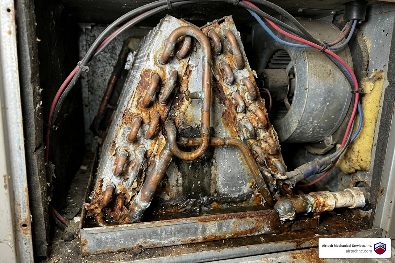 close up of a corroded and leaking evaporator coil inside an older HVAC unit - should i repair or replace my hvac system close up of a corroded and leaking evaporator coil inside an older HVAC unit - should i repair or replace my hvac system