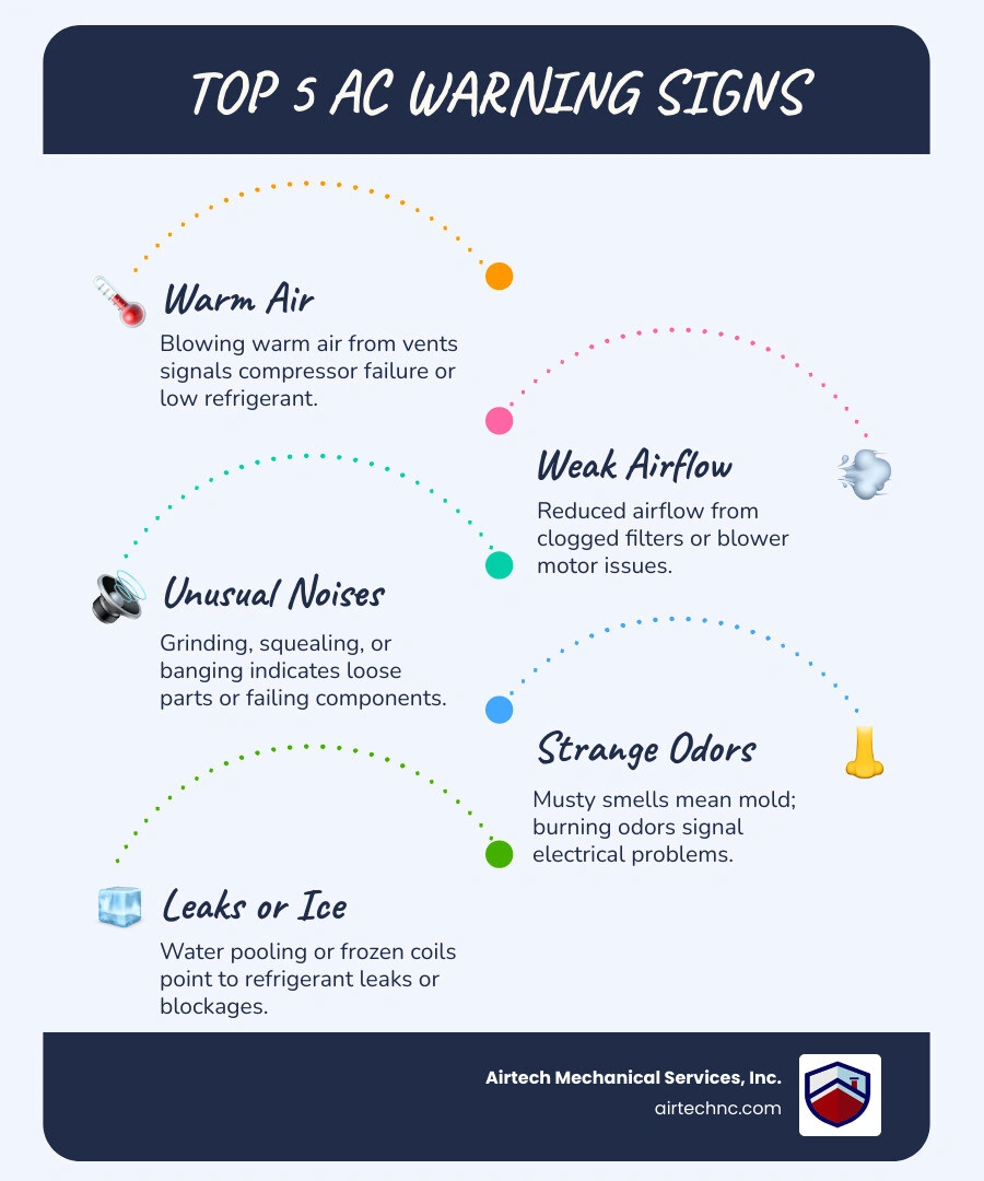 Infographic showing the top 8 signs your AC needs repair including warm air, weak airflow, strange noises, odors, leaks