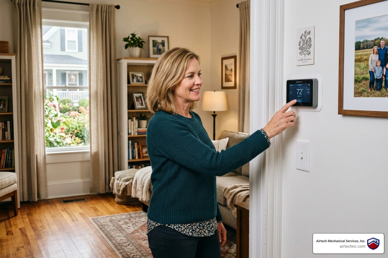 homeowner in New Bern NC checking a digital thermostat on a white wall - signs your ac needs repair