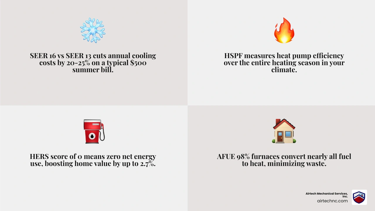Infographic showing HVAC efficiency ratings SEER AFUE HSPF and their impact on monthly utility bills - efficiency ratings Infographic showing HVAC efficiency ratings SEER AFUE HSPF and their impact on monthly utility bills - efficiency ratings