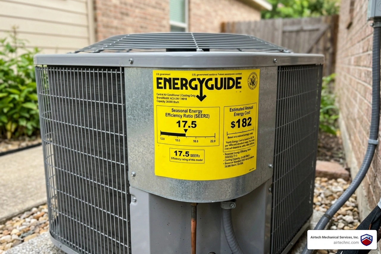 EnergyGuide label on a central air conditioning unit showing SEER and estimated annual cost - efficiency ratings explained EnergyGuide label on a central air conditioning unit showing SEER and estimated annual cost - efficiency ratings explained