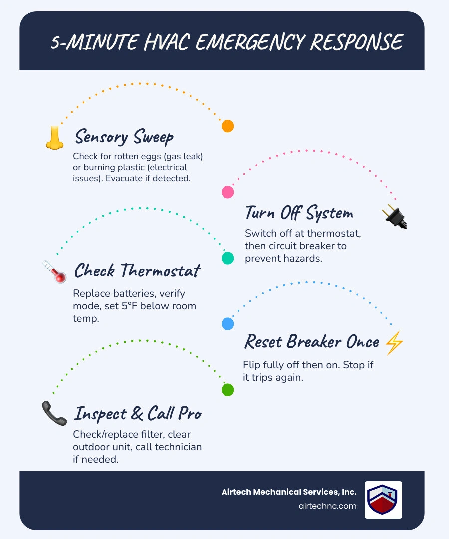 Infographic: 5-minute HVAC emergency response steps from sensory sweep to calling a professional infographic