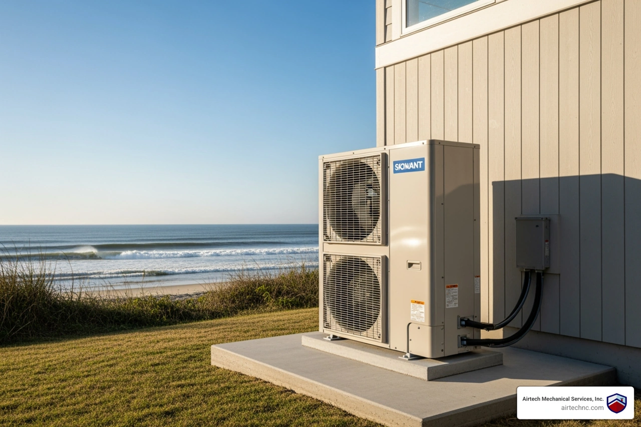 A high-efficiency outdoor heat pump unit installed on a raised, salt-resistant pad near the coast